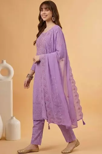 Zari sequence mirror-work embroidered round neck kurta & trousers with dupatta