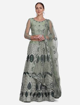 Green Embroidered Beads and Stones Semi-Stitched Lehenga & Unstitched Blouse With Dupatta 1