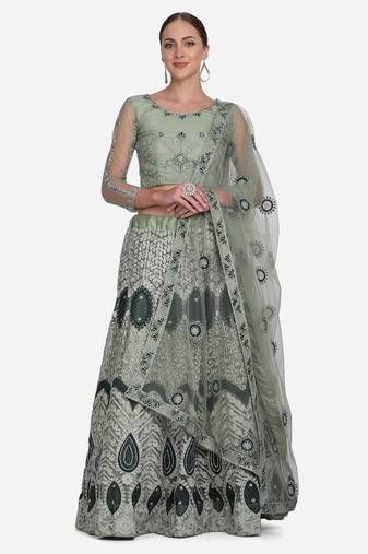 Green Embroidered Beads and Stones Semi-Stitched Lehenga & Unstitched Blouse With Dupatta