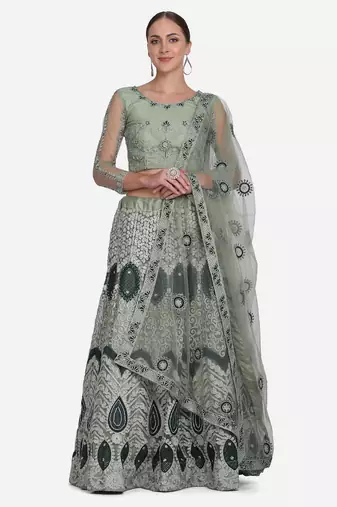 Green Embroidered Beads and Stones Semi-Stitched Lehenga & Unstitched Blouse With Dupatta