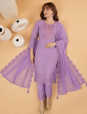 Zari sequence mirror-work embroidered round neck kurta & trousers with dupatta 4
