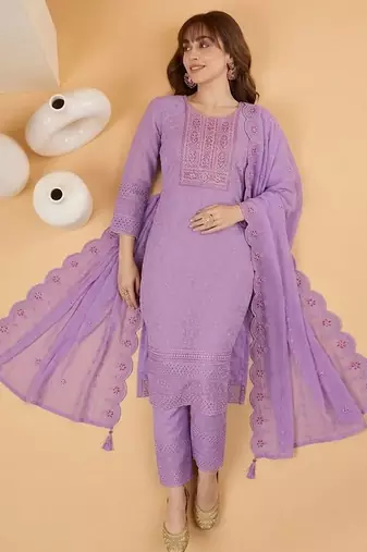 Zari sequence mirror-work embroidered round neck kurta & trousers with dupatta