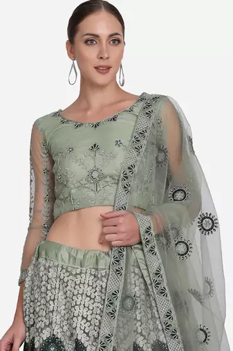Green Embroidered Beads and Stones Semi-Stitched Lehenga & Unstitched Blouse With Dupatta