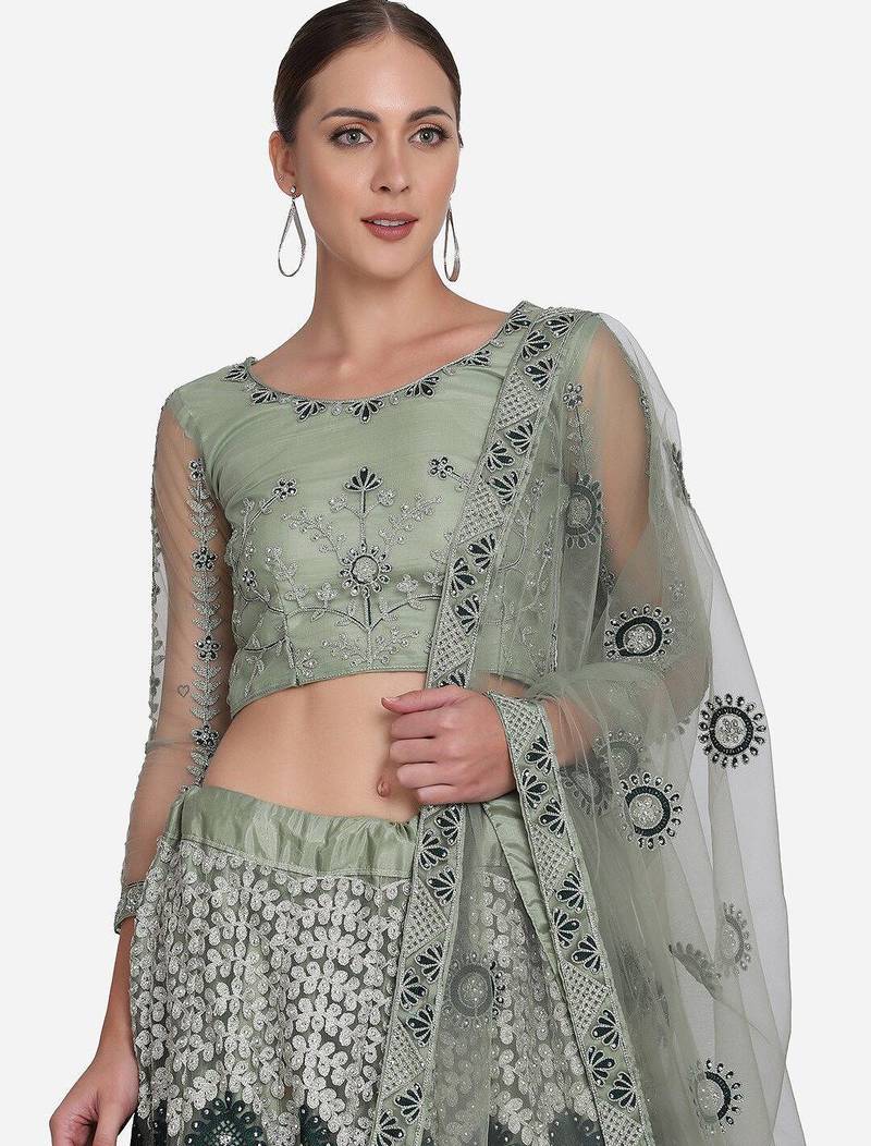 Green Embroidered Beads and Stones Semi-Stitched Lehenga & Unstitched Blouse With Dupatta