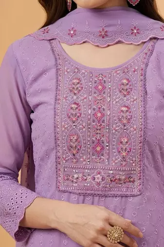 Zari sequence mirror-work embroidered round neck kurta & trousers with dupatta