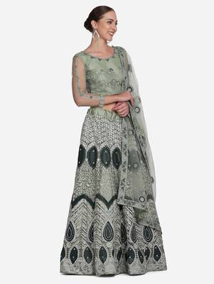Green Embroidered Beads and Stones Semi-Stitched Lehenga & Unstitched Blouse With Dupatta 3