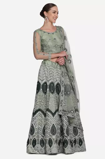 Green Embroidered Beads and Stones Semi-Stitched Lehenga & Unstitched Blouse With Dupatta