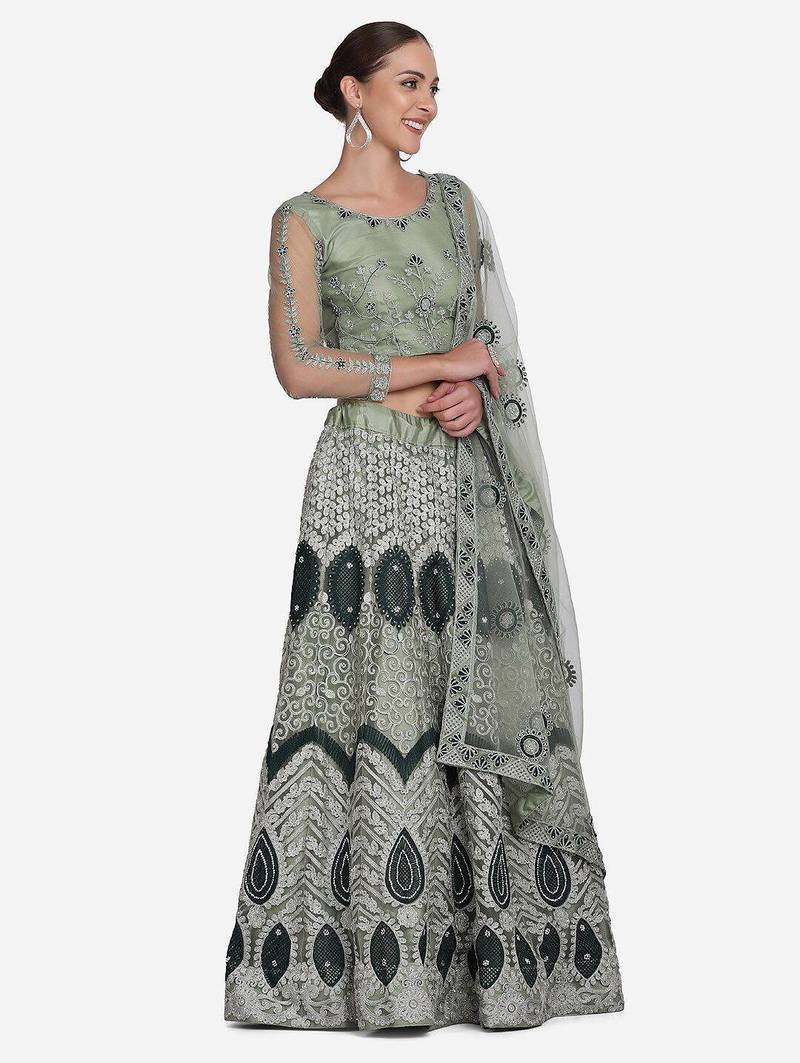 Green Embroidered Beads and Stones Semi-Stitched Lehenga & Unstitched Blouse With Dupatta