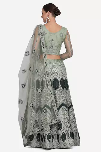 Green Embroidered Beads and Stones Semi-Stitched Lehenga & Unstitched Blouse With Dupatta