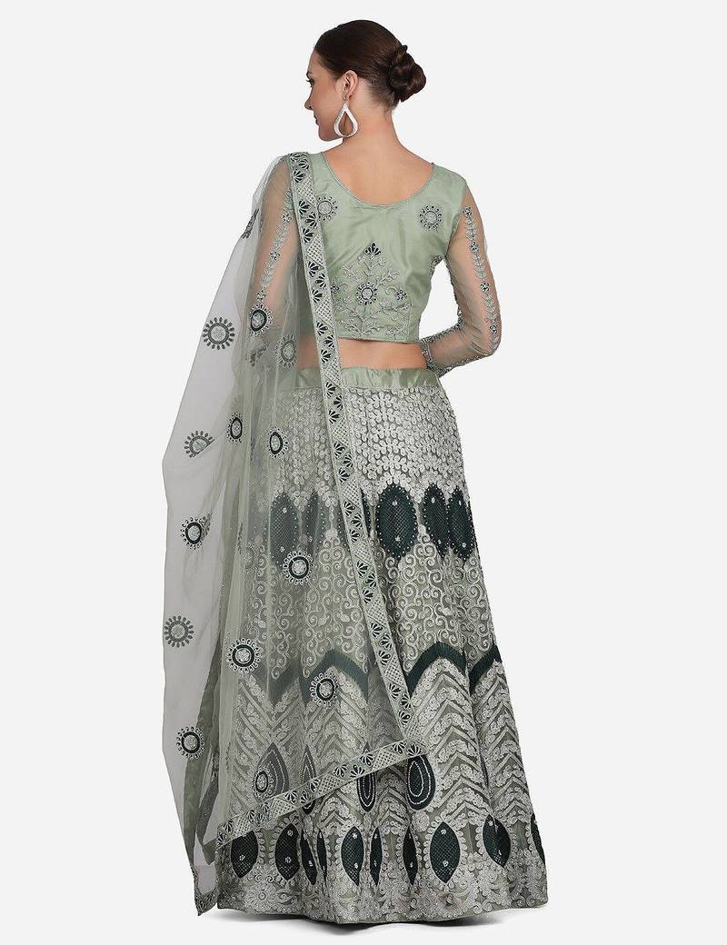 Green Embroidered Beads and Stones Semi-Stitched Lehenga & Unstitched Blouse With Dupatta