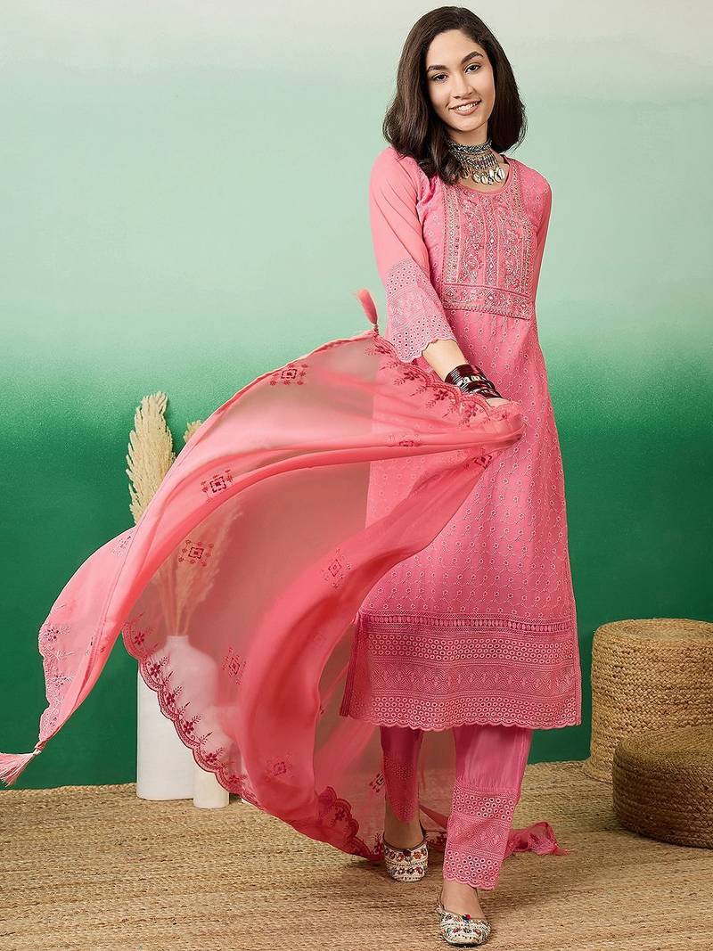 Embroidered a-line kurta with trouser & dupatta