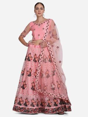 Pink & Black Embroidered Thread Work Semi-Stitched Lehenga & Unstitched Blouse With Dupatta 1
