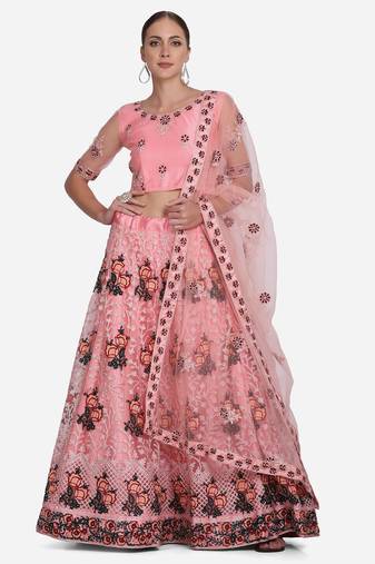 Pink & Black Embroidered Thread Work Semi-Stitched Lehenga & Unstitched Blouse With Dupatta