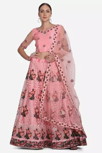 Pink & Black Embroidered Thread Work Semi-Stitched Lehenga & Unstitched Blouse With Dupatta