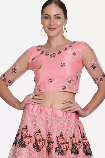 Pink & Black Embroidered Thread Work Semi-Stitched Lehenga & Unstitched Blouse With Dupatta