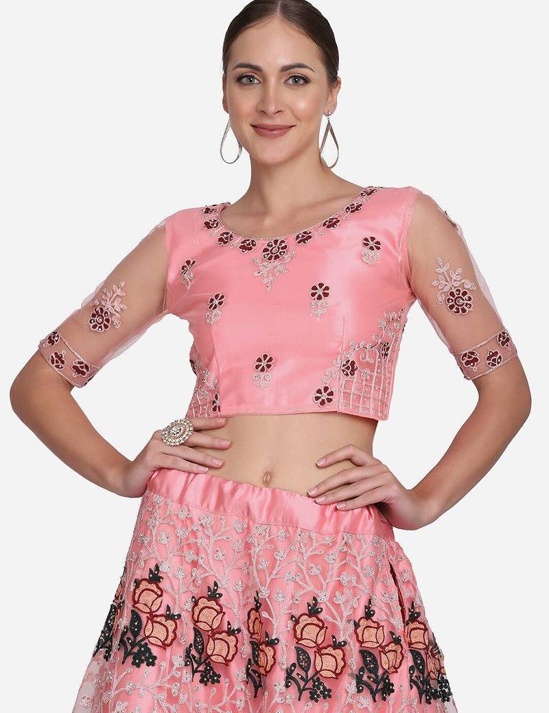 Pink & Black Embroidered Thread Work Semi-Stitched Lehenga & Unstitched Blouse With Dupatta
