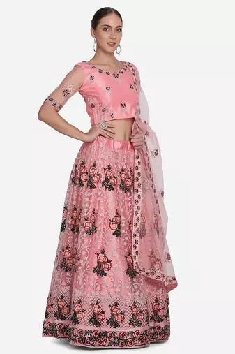 Pink & Black Embroidered Thread Work Semi-Stitched Lehenga & Unstitched Blouse With Dupatta