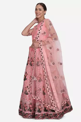 Pink & Black Embroidered Thread Work Semi-Stitched Lehenga & Unstitched Blouse With Dupatta