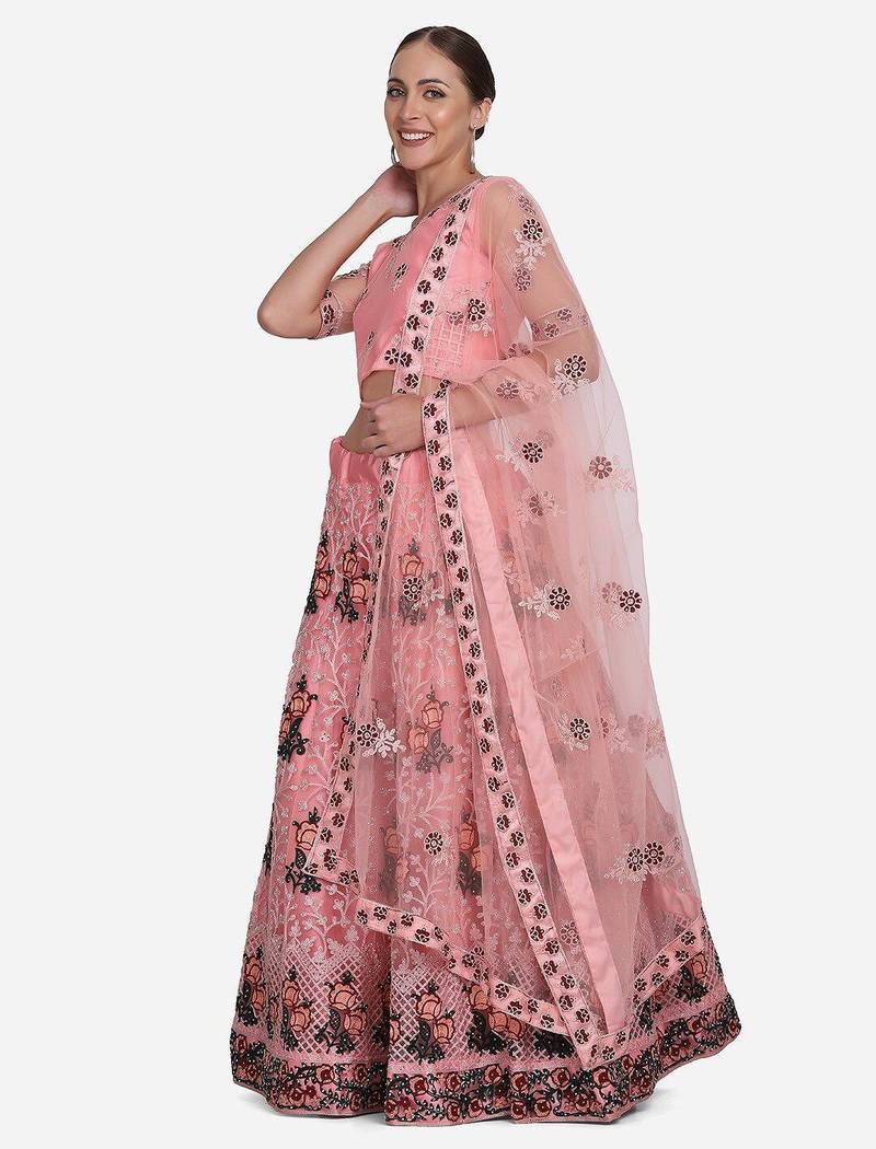 Pink & Black Embroidered Thread Work Semi-Stitched Lehenga & Unstitched Blouse With Dupatta