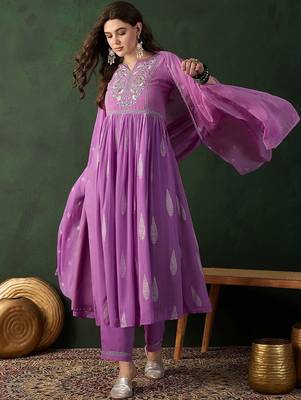 Lavender printed notch neck georgette a-line kurta with trouser & dupatta set 1