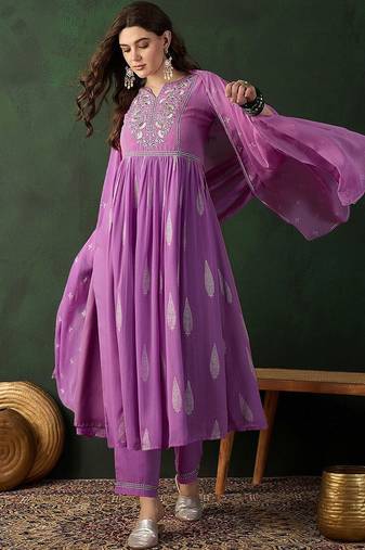 Lavender printed notch neck georgette a-line kurta with trouser & dupatta set