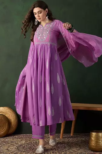 Lavender printed notch neck georgette a-line kurta with trouser & dupatta set