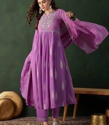Lavender printed notch neck georgette a-line kurta with trouser & dupatta set
