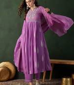 Lavender printed notch neck georgette a-line kurta with trouser & dupatta set