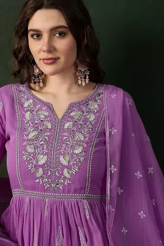 Lavender printed notch neck georgette a-line kurta with trouser & dupatta set