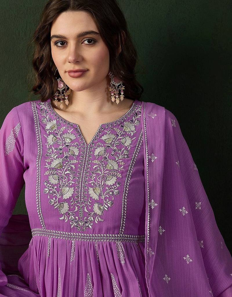 Lavender printed notch neck georgette a-line kurta with trouser & dupatta set