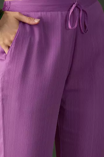 Lavender printed notch neck georgette a-line kurta with trouser & dupatta set