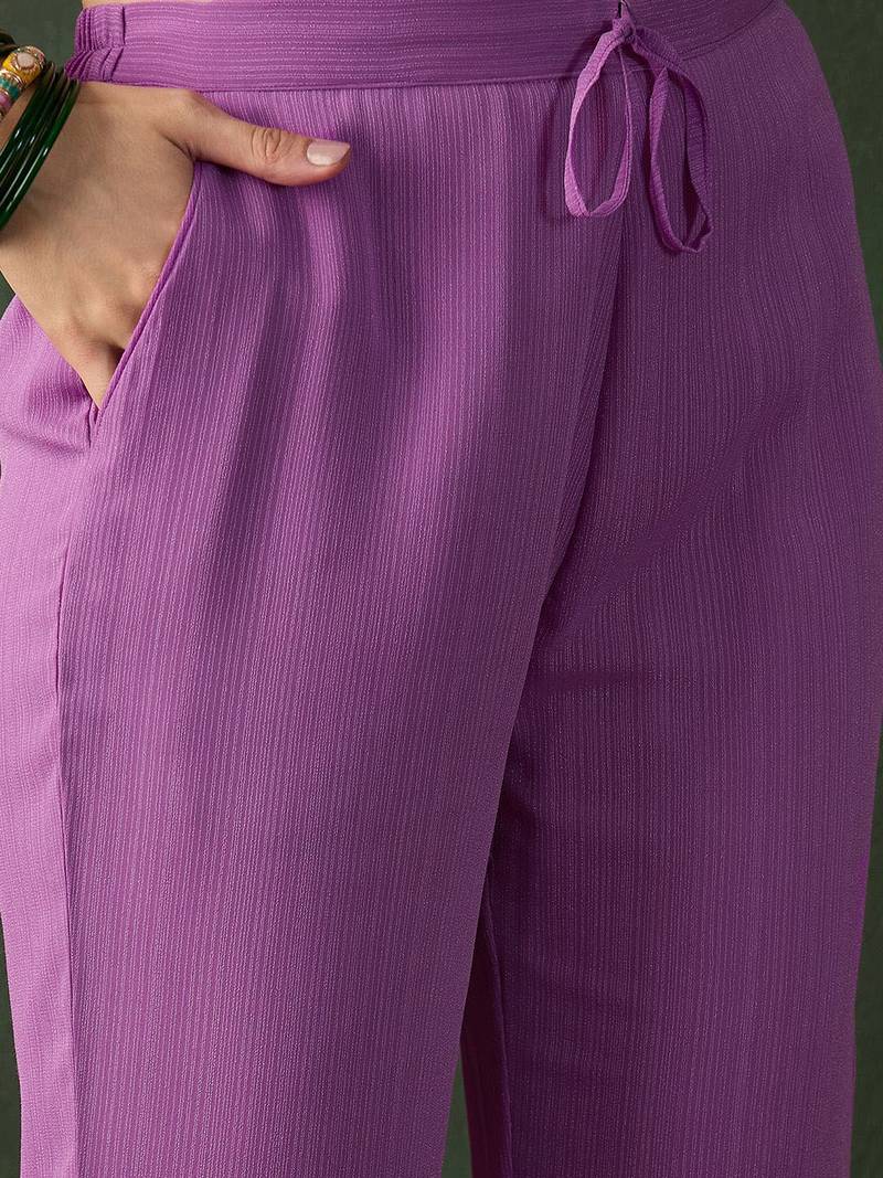 Lavender printed notch neck georgette a-line kurta with trouser & dupatta set