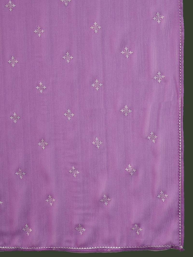 Lavender printed notch neck georgette a-line kurta with trouser & dupatta set
