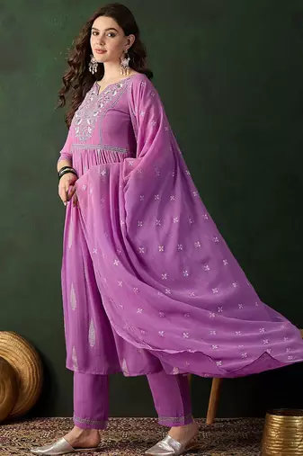 Lavender printed notch neck georgette a-line kurta with trouser & dupatta set