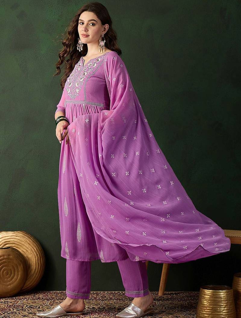 Lavender printed notch neck georgette a-line kurta with trouser & dupatta set