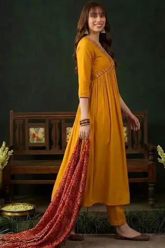 Zari embroidered v-neck kurta & trousers with dupatta