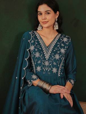 Teal floral embroidered v-neck tread work anarkali kurta & trouser with dupatta 2