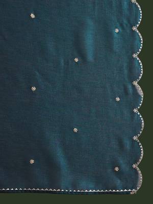 Teal floral embroidered v-neck tread work anarkali kurta & trouser with dupatta 4