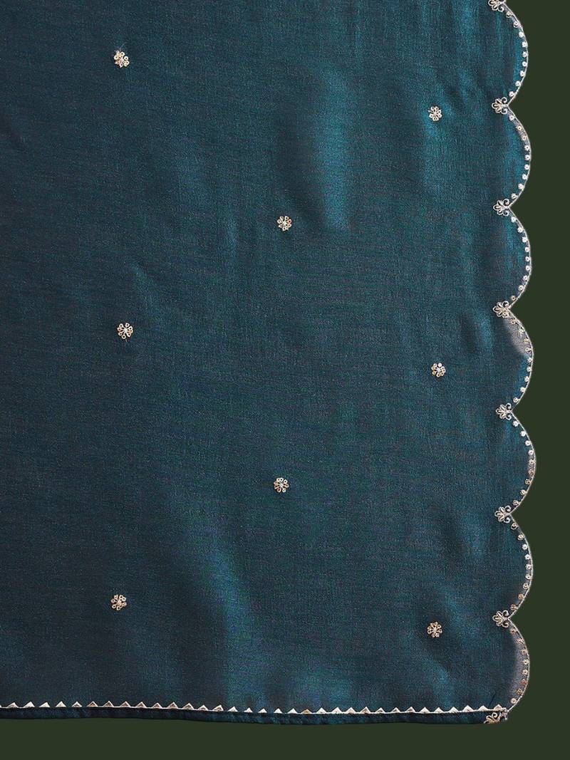 Teal floral embroidered v-neck tread work anarkali kurta & trouser with dupatta