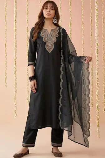 Yoke design round neck silk blend kurta & trousers with dupatta