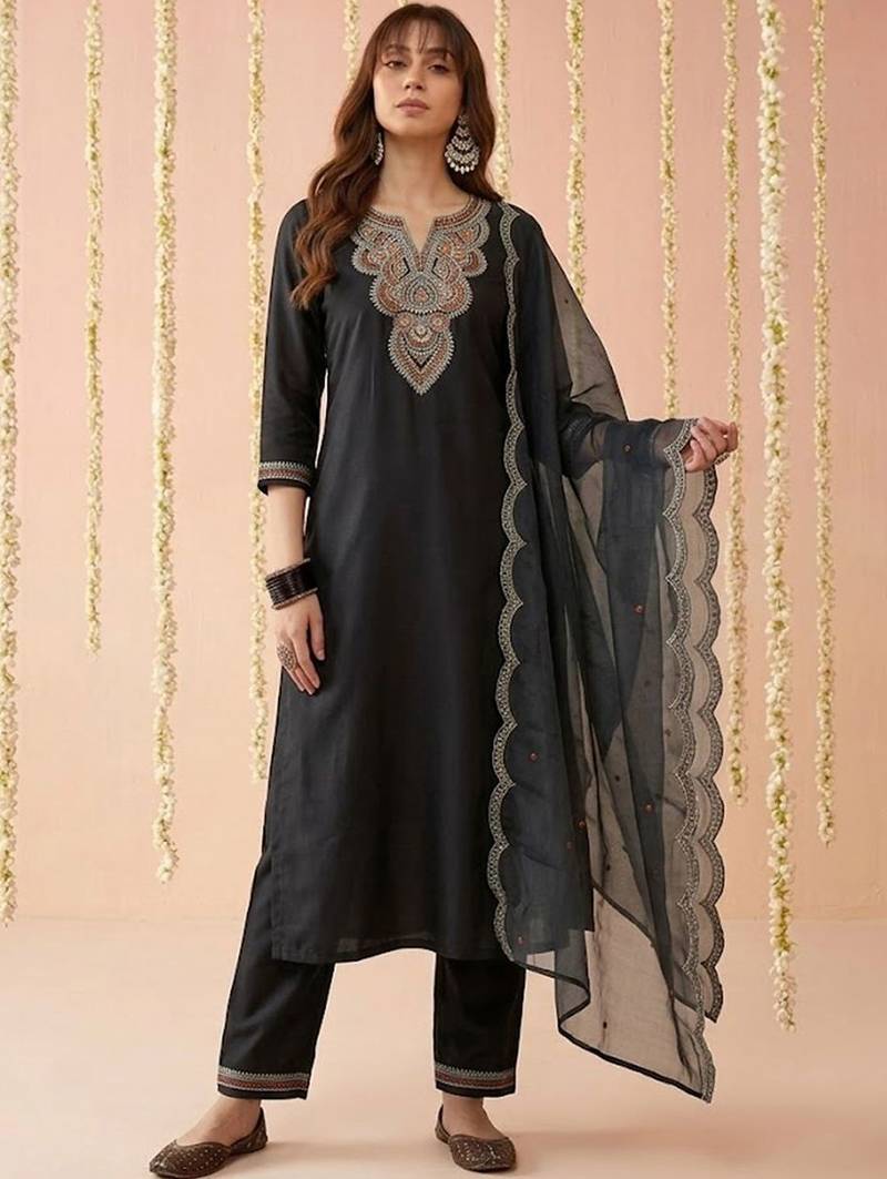 Yoke design round neck silk blend kurta & trousers with dupatta