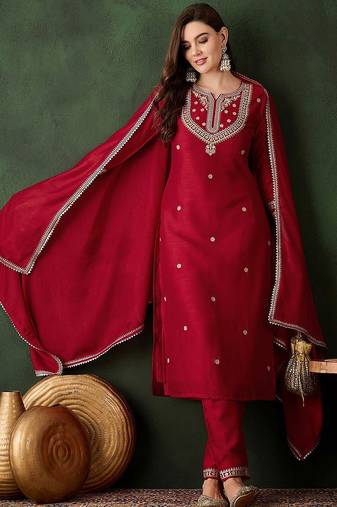 Embroidered straight kurta with trousers and dupatta