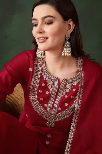 Embroidered straight kurta with trousers and dupatta