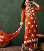Embroidered thread work notch neck straight kurta & trousers with dupatta