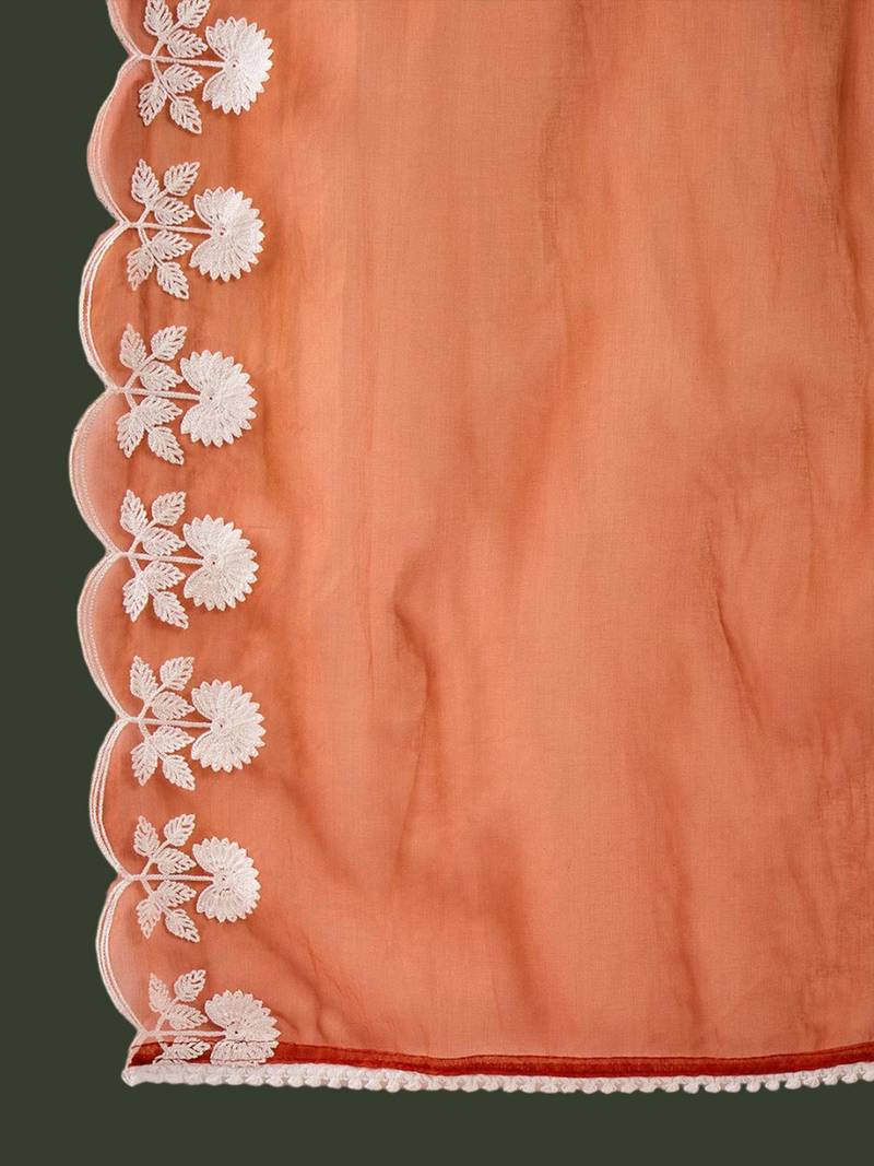 Embroidered thread work notch neck straight kurta & trousers with dupatta