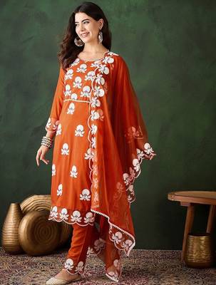 Embroidered thread work notch neck straight kurta & trousers with dupatta 5