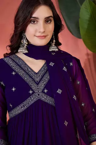 Solid floral embroidered a-line pleated empire kurta & trousers with dupatta