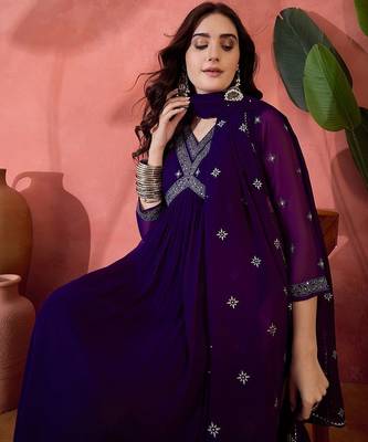 Solid floral embroidered a-line pleated empire kurta & trousers with dupatta 5