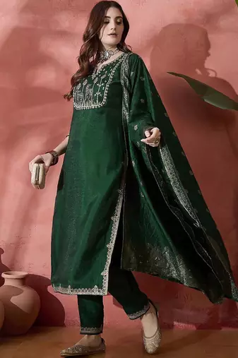 Floral embroidered straight kurta with trouser and dupatta