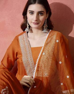 Orange floral embroidered pleated thread work a-line kurta with trouser & dupatta 2